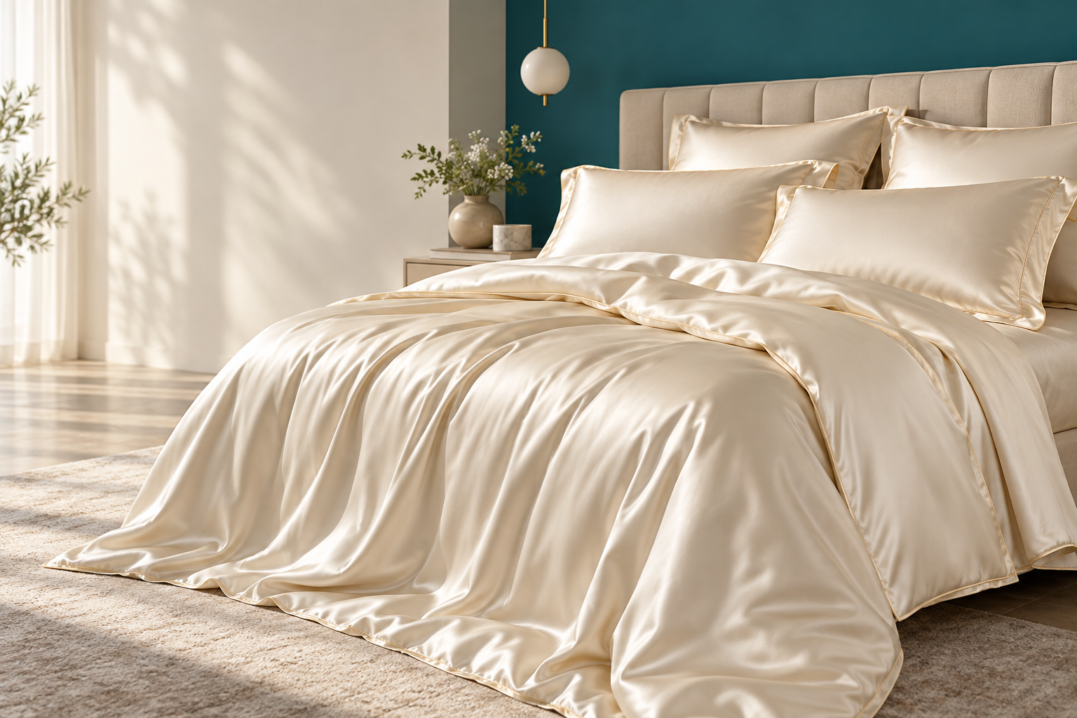Ivory silk bedding set on a contemporary bed