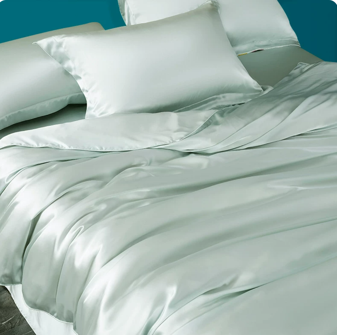 Pale mint and white silk bedding set