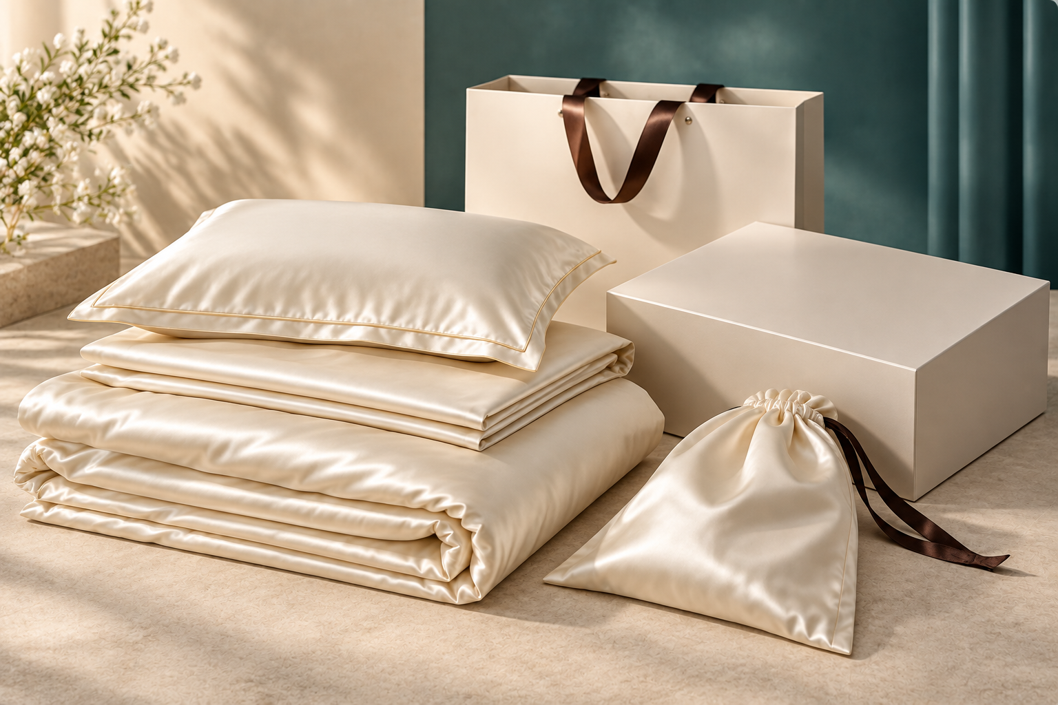 Folded silk bedding set with blank packaging box and pouch