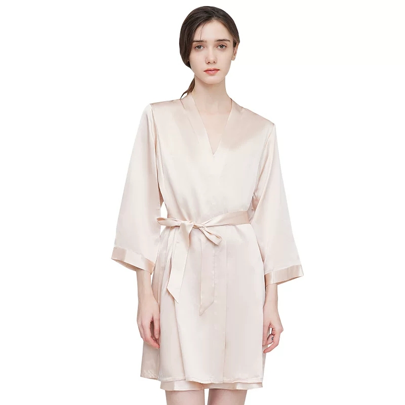 Blush wrap robe showing belt and sleeve finish