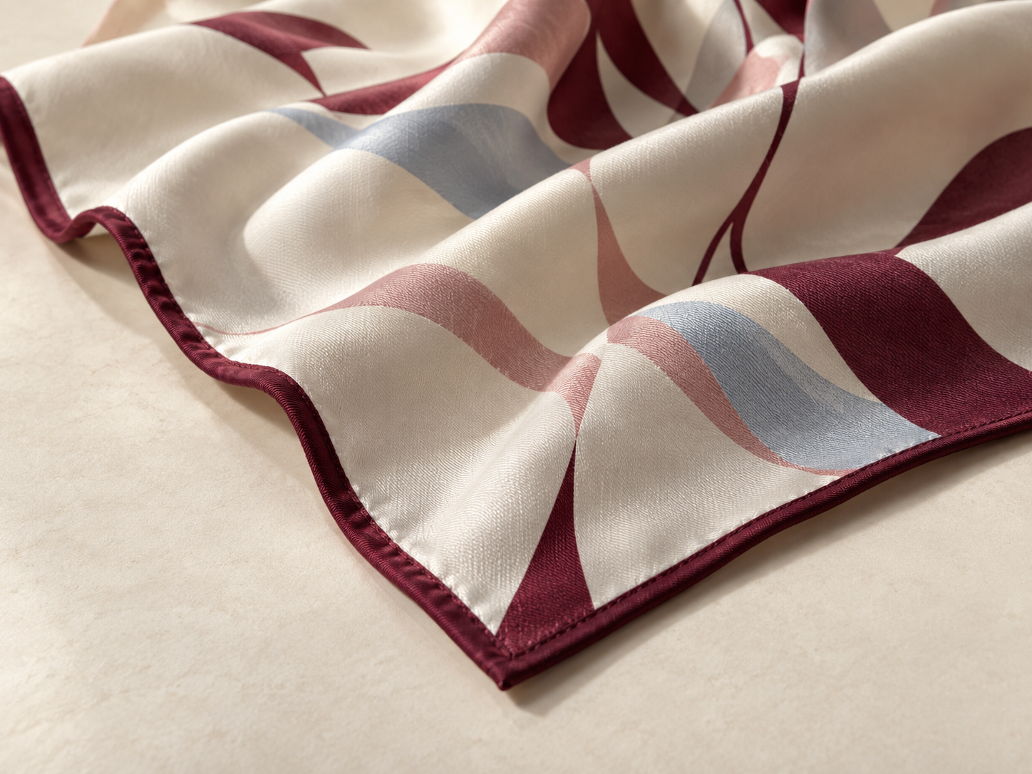 Close-up of a burgundy hand-rolled hem on a printed cream silk scarf