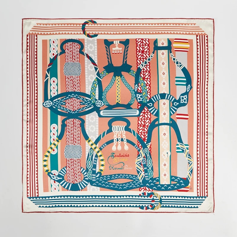 Colourful 19 momme mulberry silk square scarf with harness artwork