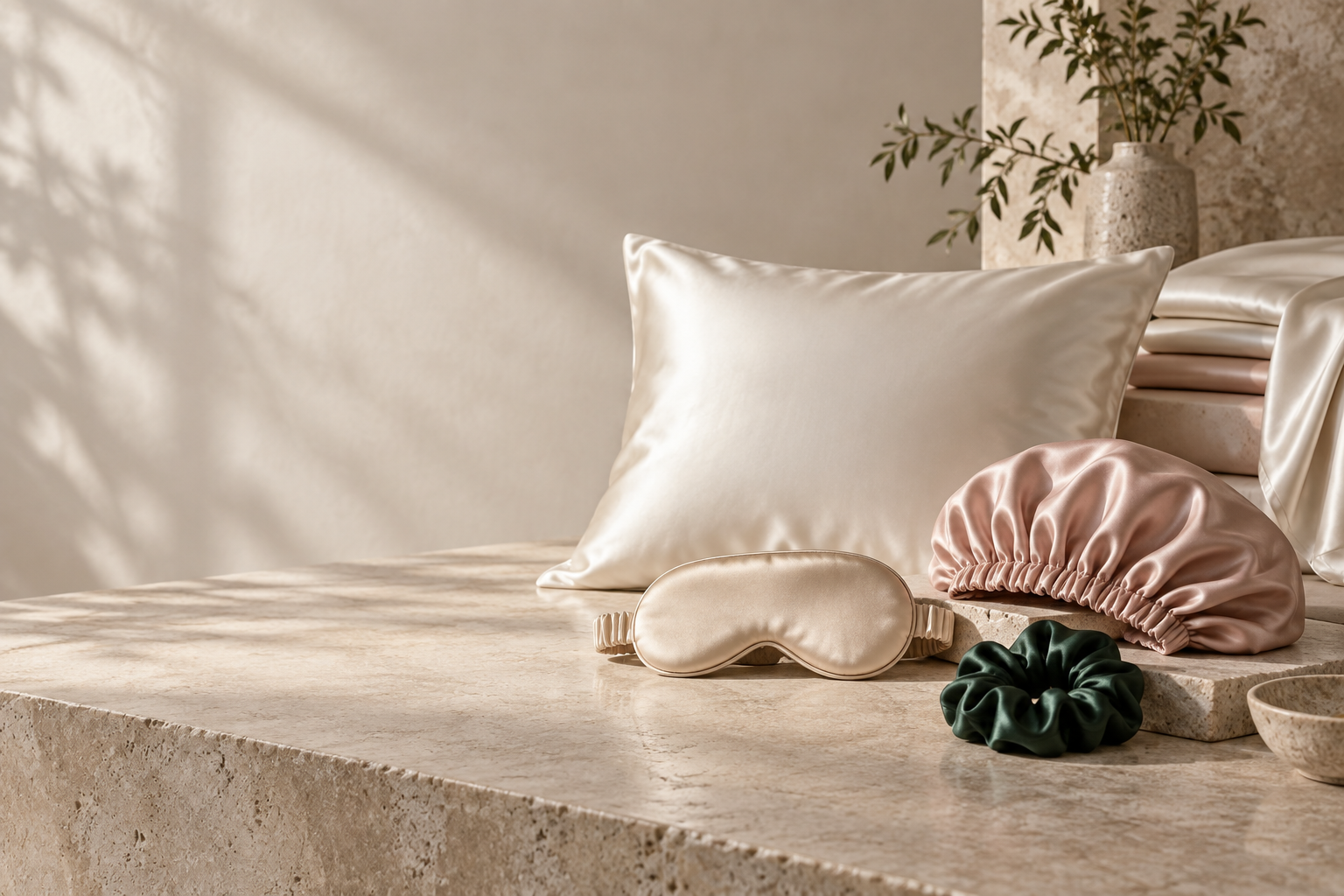 Design direction collection with ivory pillowcase, champagne sleep mask, blush bonnet and forest scrunchie